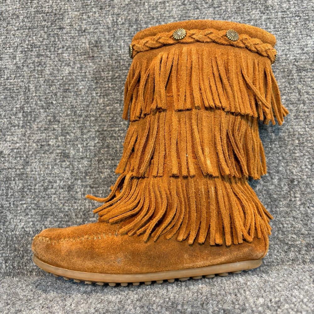 Minnetonka Brown Suede Leather 3 Layer Fringe Tall Moccasin Boots Big Kids 2